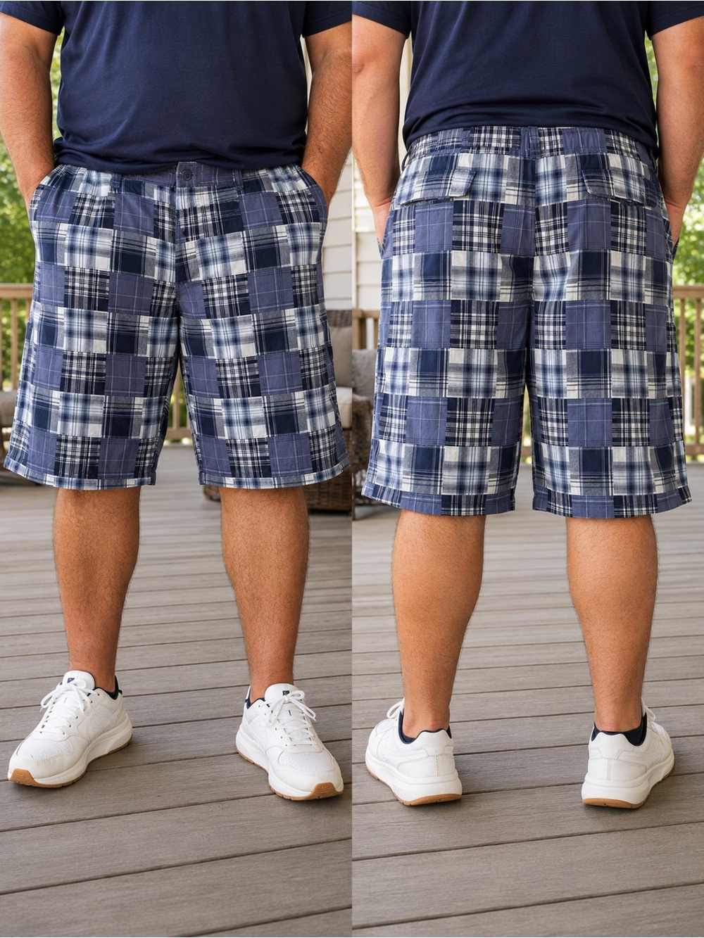 Faded Glory Patchwork Plaid/Madras Style Cargo Shorts Men’s 46 Blue  Casual